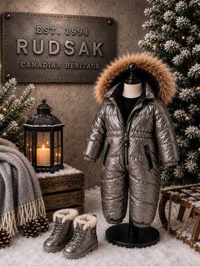 RUDSAK Metallic Silver Puffer Snowsuit w/ Fur-Trim Hood | Size 6-12 Months